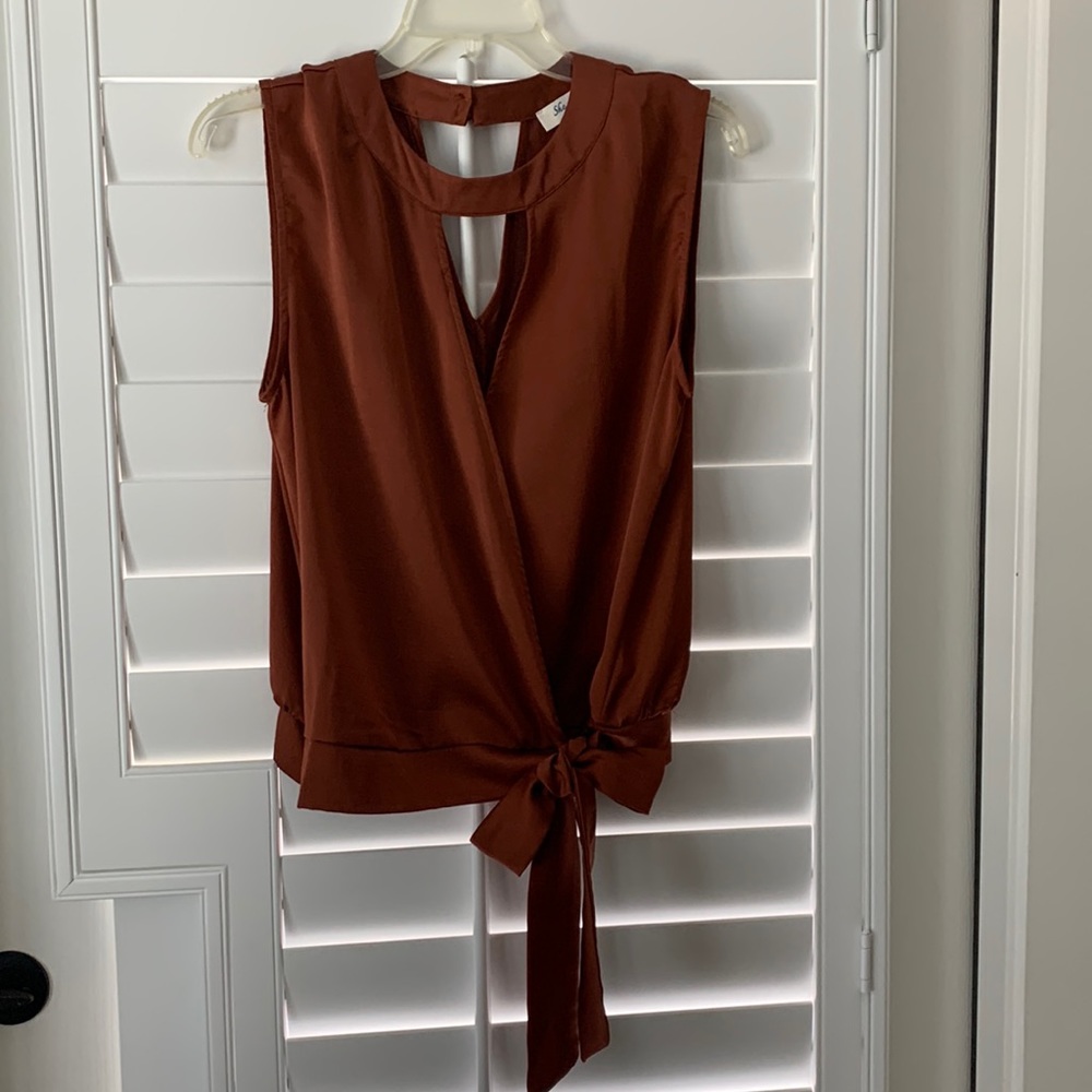 Rust color beautifully detailed top with side tie and button collar in back